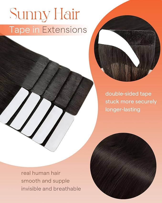 Sunny Hair Tape in Hair Extensions Real Human Hair Invisible Remy Hair Extensions Tape ins for Women Darkest Brown 24 inch 25G