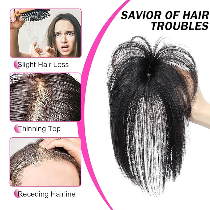 Hair Toppers For Women Real Human Hair 360° 3D Cover Human Hair Topper with Bangs Wispy Bangs Extensions Clip in Bangs for Daily Wear Natural Black