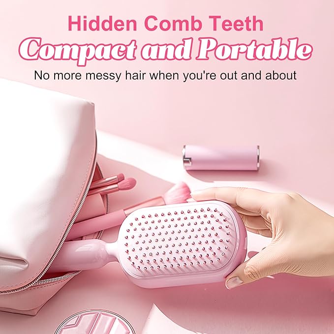 Self Cleaning Hair Brush, Retractable Hair Brush, Massage Comb With Retractable Bristles,Ergonomic Handle Hair Comb,One-pull Clean Anti Static Brushs, Hairs Styling Tools for All Hairs Types (Pink)