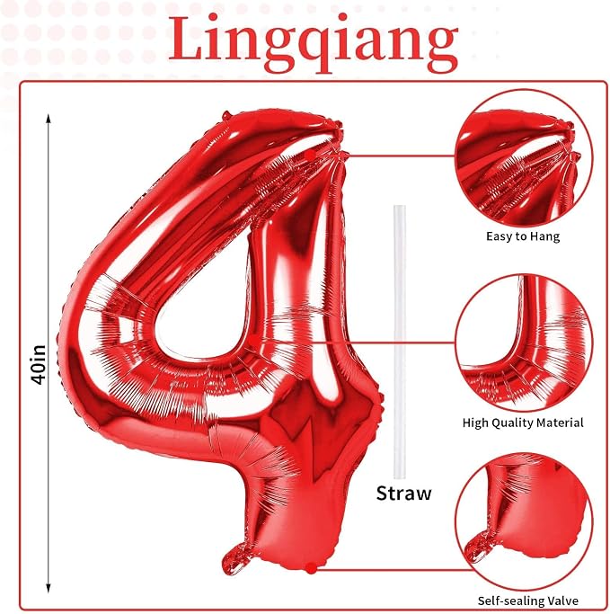 40 Inch Red Foil Balloon Number 4, Giant Self Inflating Number Balloons 0-9 - Image 2