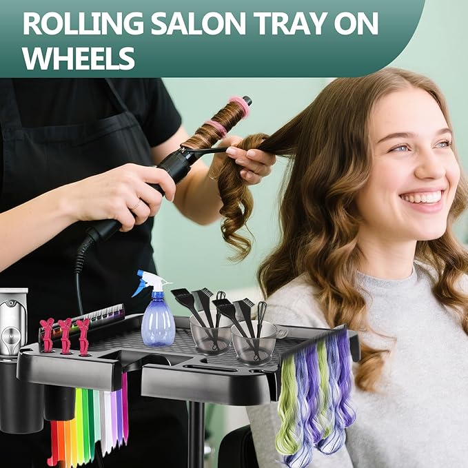 Professional Salon Rolling Tray Cart, Height Adjustable Storage Platform with Hair Tool Holders, Mobile Hairdressing Trolley with Wheels, Black