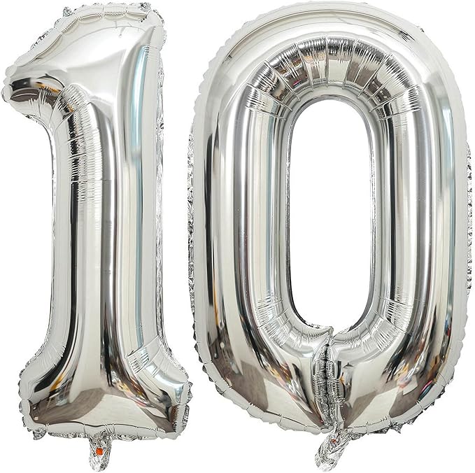 40 Inch Silver 10 Number Balloons Giant 10 Balloons Silver Birthday 10 Balloons by LHOAVWE