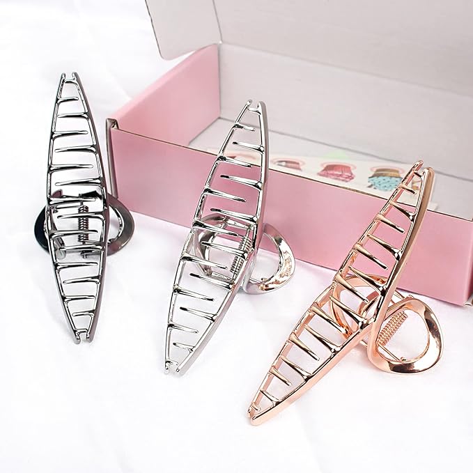 FAELBATY Hair Clip Claws Set of 3 (Glossy Silver, Dark Grey, Rose Gold) - Glossy Metal Hair Clips, Large Hair Accessories for Women and Girls, Strong Hold Barrette, 3 Pcs