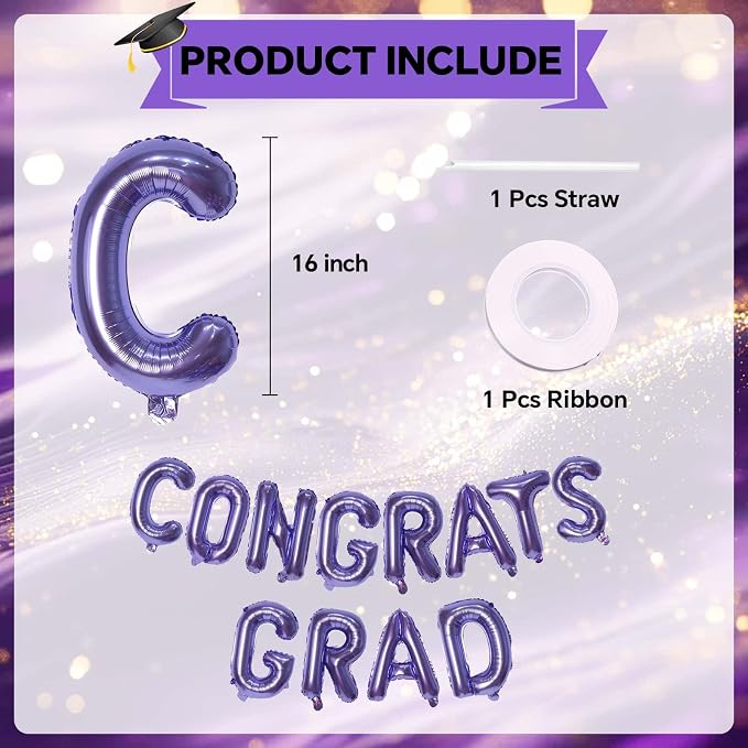 16 Inch Purple Congrats Grad Banner Balloons, Graduation Decorations 2026 - Image 2