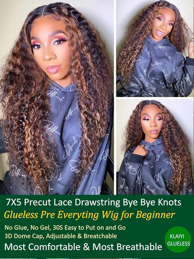 KLAIYI Ombre Brown Water Wave Bye Bye Knots Glueless Wig Human Hair Pre Cut 7x5 Lace Front Wigs Drawstring Pre Plucked Bleached Highlight Balayage Curly Ready to Wear and Go Wig with Dark Roots 26Inch