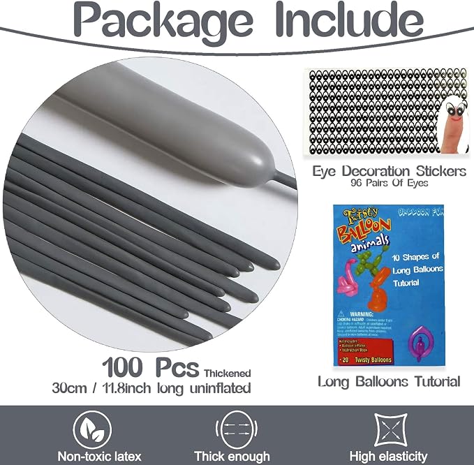 260 Balloons Grey, Thickened 100 Pack Long Balloons Twisting Skinny Magic - Image 2