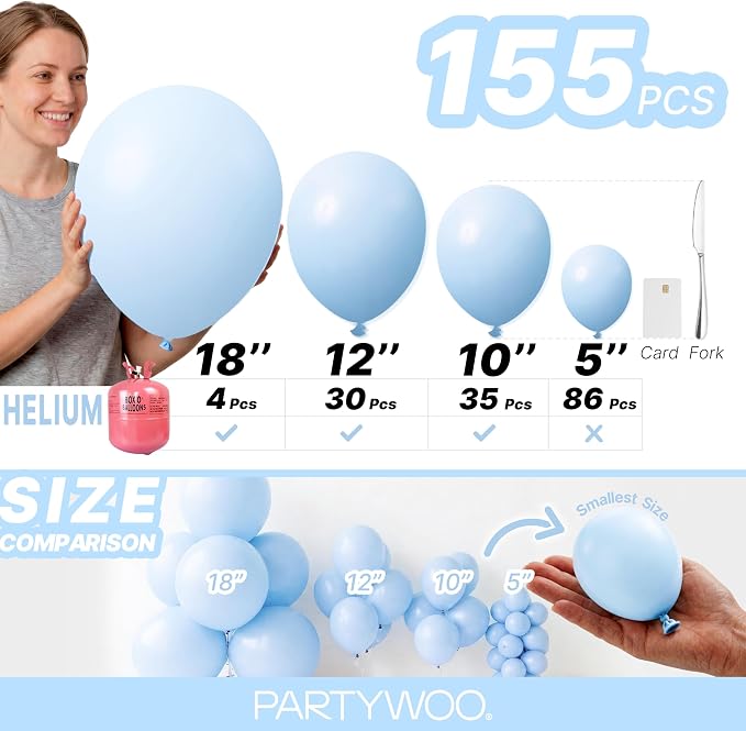 PartyWoo Baby Blue Balloons 155pcs Light Pastel Sky Aqua Blue Color | 18 12 10 - Image 6