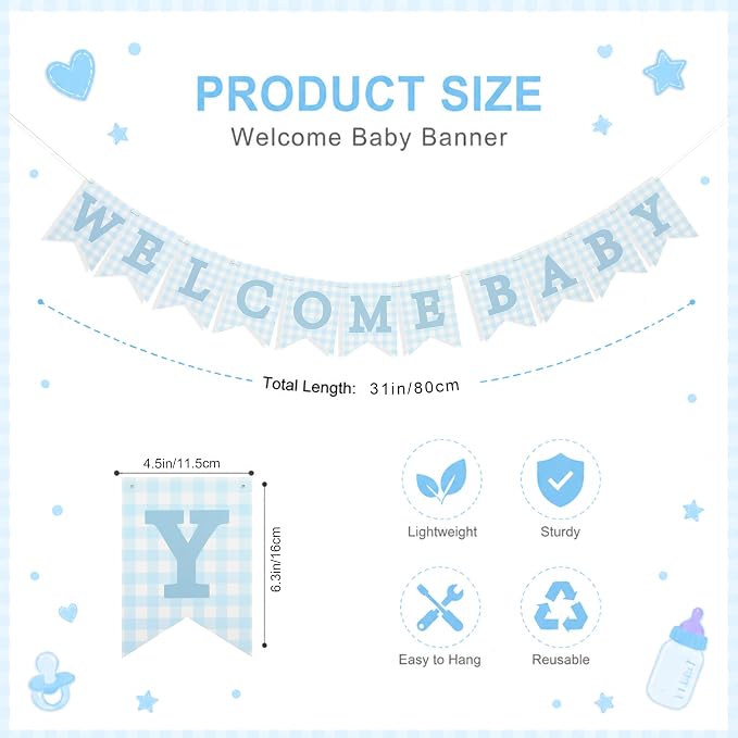 Blue Gingham Welcome Baby Shower Banner - Image 2