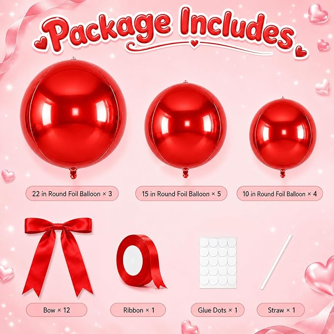 Red Round Foil Balloons with Satin Bows and Ribbon - Image 2