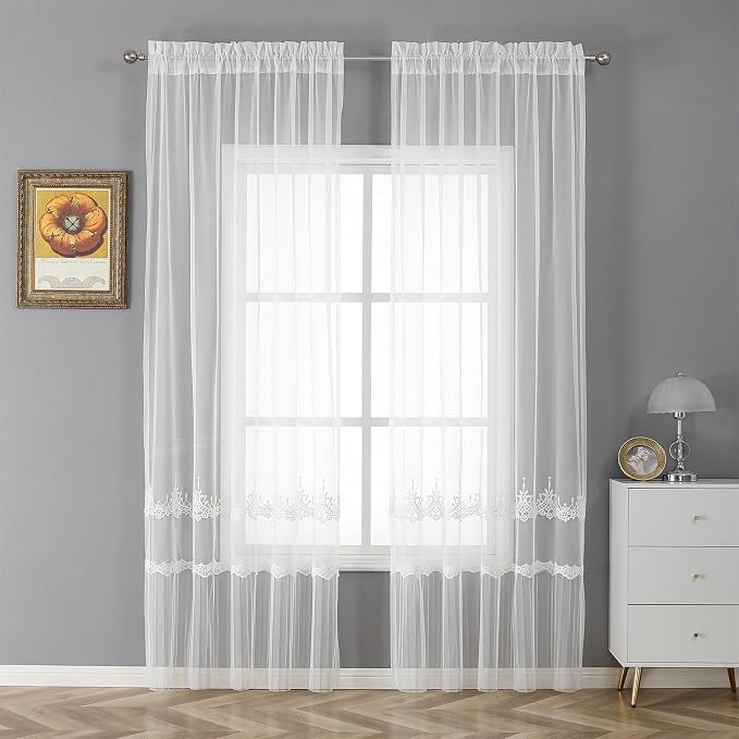White Sheer Voile Curtains White Embossed European 54Wx84L Inch | Light - Image 2