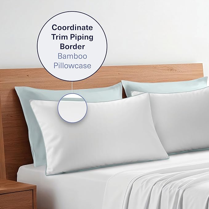 Kickoff Viscose Bamboo Pillowcase, Queen, Set of 2, 100% Organic Hidden Zippered Viscose Bamboo Pillow Case Queen Size, Cooling Pillow Cover for Hot Sleepers (20"x30", Trimmed, Coastal Blue)