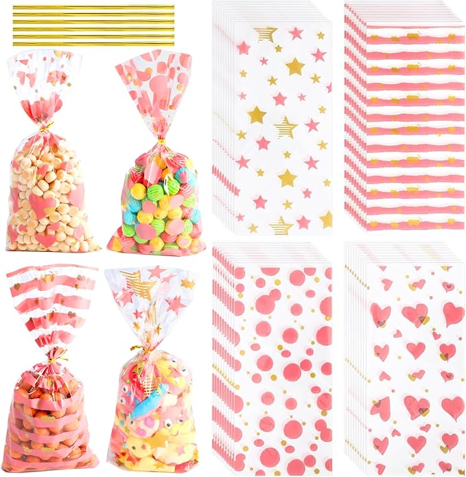 COQOFA 100 Pcs 5"X11" Cello Cellophane Treat Bags Party Favor bags Pink Candy by COQOFA