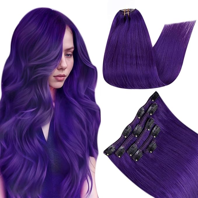 RUNATURE Clip in Hair Extensions Purple Clip in Human Hair Full Head Purple Hair Extensions Real Human Hair Clip Ins Party Highlight Colored Hair Extension 14 Inch 70g/5pcs