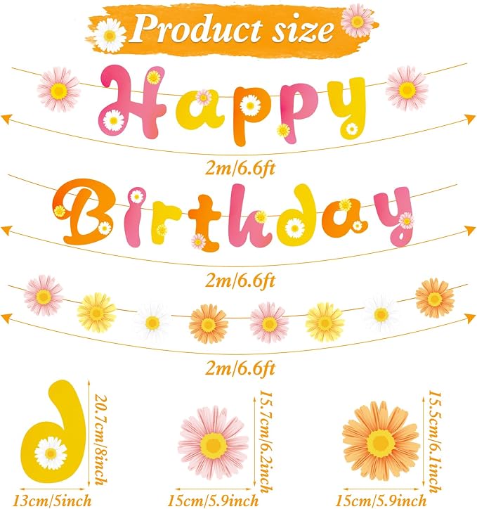 SUNBEAUTY Flower Daisy Happy Birthday Banner Groovy Party Banners Groovy Party - Image 2