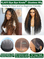 KLAIYI Ombre Brown Water Wave Bye Bye Knots Glueless Wig Human Hair Pre Cut 7x5 Lace Front Wigs Drawstring Pre Plucked Bleached Highlight Balayage Curly Ready to Wear and Go Wig with Dark Roots 24Inch