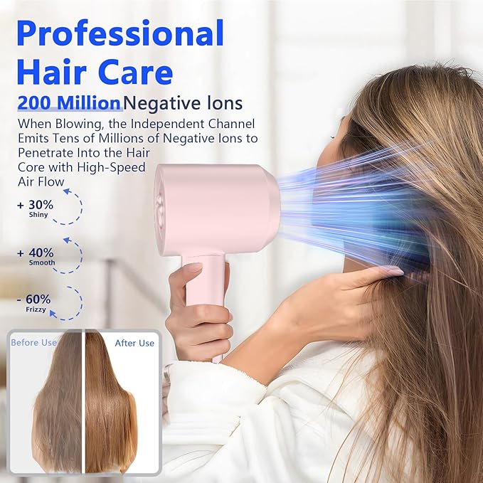 Diffuser Hair Dryers for Women Men, KIKVOOL 110000 RPM Fast Ionic Blow Dryer for Thick Hair, Protable Travel Hair Diffuser Dryer, Brushless Motor, 3 Temps/2 Speeds Lightweight Hairdryer, Pink