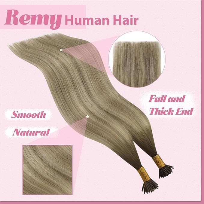 YoungSee Itip Hair Extensions Real Human Hair Ombre I Tip Hair Extensions Balayage Dark Brown to Brown with Blonde Itip Human Hair Extension Short Hair Extension 14In 50g 80s