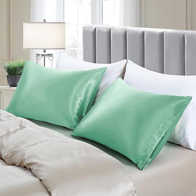 Aormenzy Satin Pillow Cases for Women Queen Size Set of 2, Mint Green Satin Pillowcase for Hair with Envelope Closure Silky Pillow Covers Wrinkle, Fade Resistant (20x30 Inches)