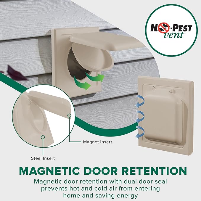 NO-PEST VENT, Exclusive Dual Door Dryer Vent Cover Outdoor 4 inch or Bathroom fan, Made in USA w Highest UV Resistant Plastic in any Outdoor Vent Cover (Tan, 4 inch With 12" Duct Tube)