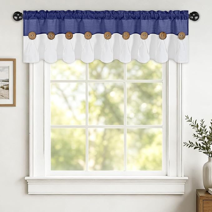 Farmhouse Valance Curtains, Boho Cotton Linen Kitchen Valance, Rustic Button - Image 2