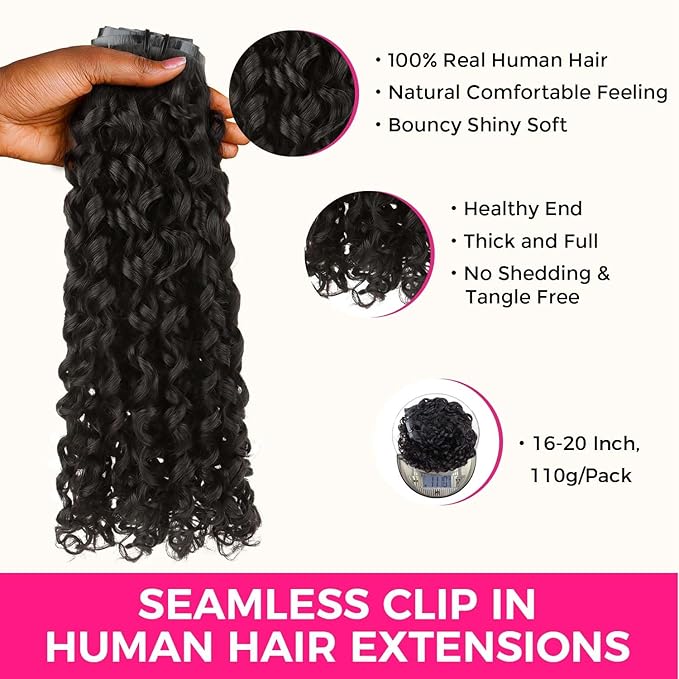Lashey Seamless Clip in Hair Extensions Human Hair 110g 7pcs Burmese Curly Natural Black 18 Inch Clip In Human Hair Extensions with Soft PU Weft for Women