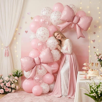 Pink Bow Balloons, 12 Inch Pastel Pink Transparent White Printed Balloons - Image 6