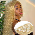 Kinky Straight Human Hair Clip in Extensions Blonde Double Weft 8pcs 125g Straight Hair Extensions 24inch Clip in Hair Extensions for Women Real Human Hair