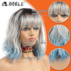 NOBLE Blue Wig with Bangs 12 Inches Short Bob Curly Wig Blue Wigs for Women Colorful Wavy Bob Wigs with Air Bangs Heat Resistant Synthetic Silver Blue Halloween Wigs for Cosplay Party
