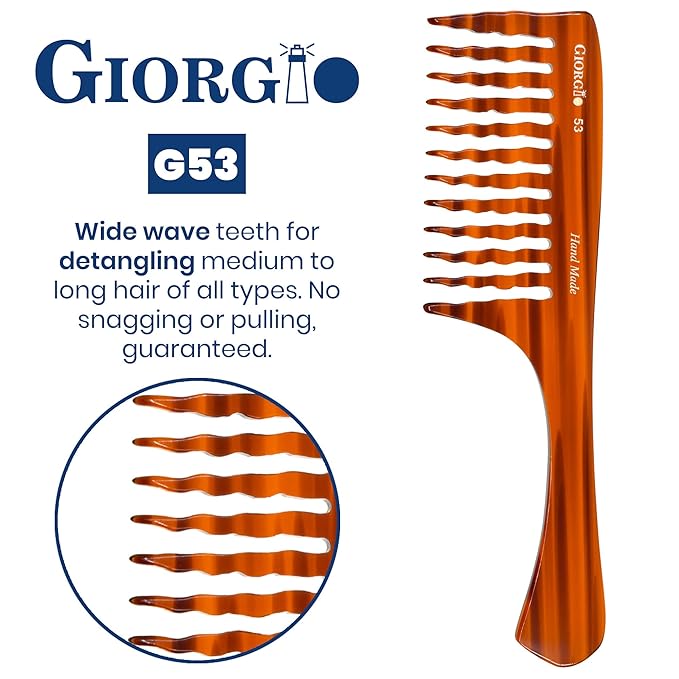Giorgio G53 Wide Tooth Comb for Curly and Thick Hair, Large Handmade Rake Comb for Wet and Dry Use, Saw-Cut and Hand Polished (8")