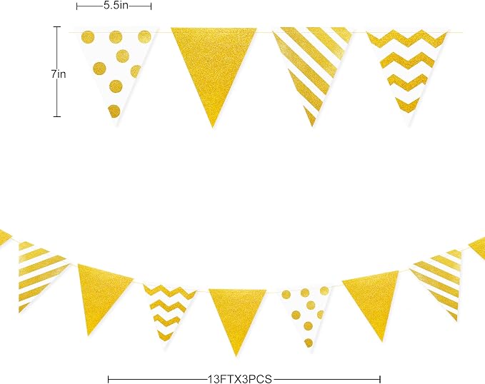 39Ft White and Gold Party Decorations Polka Dot Stripe Triangle Pennant Banner - Image 2