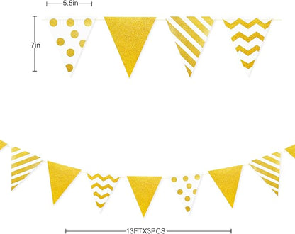 39Ft White and Gold Party Decorations Polka Dot Stripe Triangle Pennant Banner - Image 2