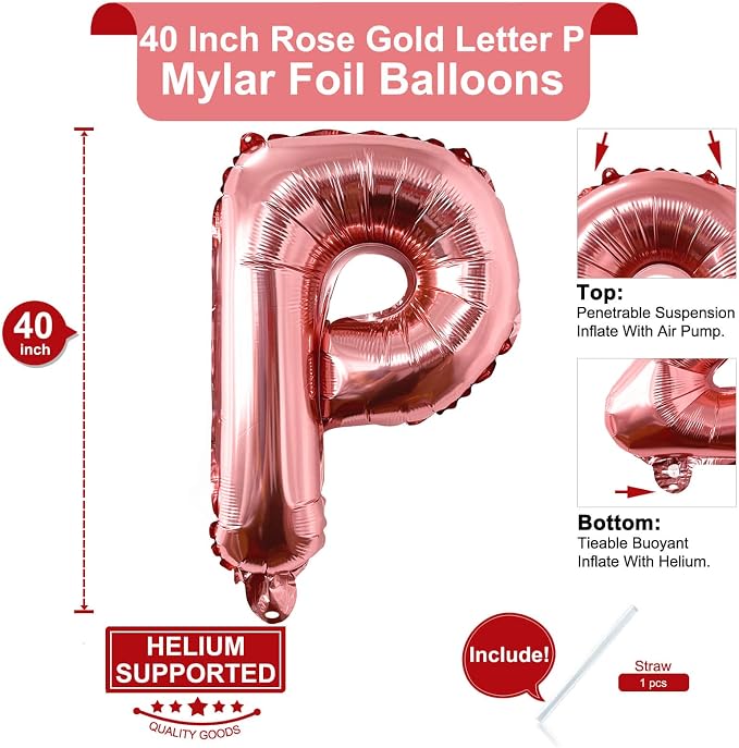 Lovoir 40 Inch Large Rose Gold Letter P Balloons Big Size Jumbo Mylar Foil - Image 2