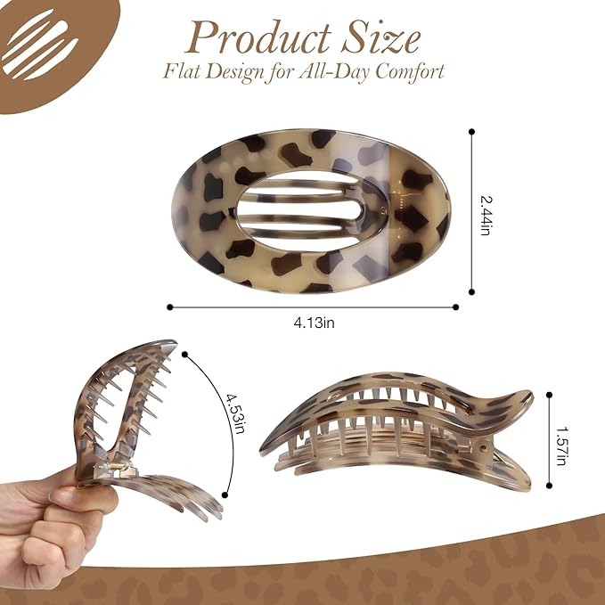 Upgraded 8 Pack French Flat Hair Clips for Women Girls, Matte Lay Flat Claw Clips, Large No-Slip Claw clips for Thick &Thin Hair, Strong Hold Styling Barrettes Accessories for Daily Styling (Leopard)