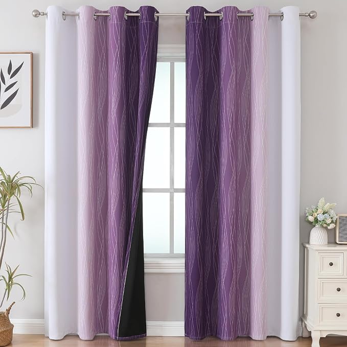 Purple and Grayish White Blackout Curtains 108 Inches Long, Thermal Insulated - Image 2