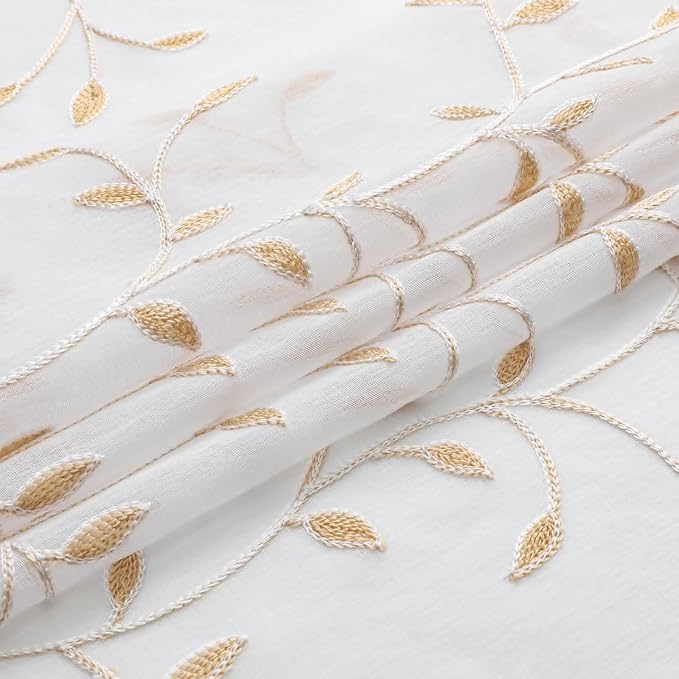 White Sheer Curtains Orange Leaf Embroidery Linen 96 Inches Long | Light - Image 4