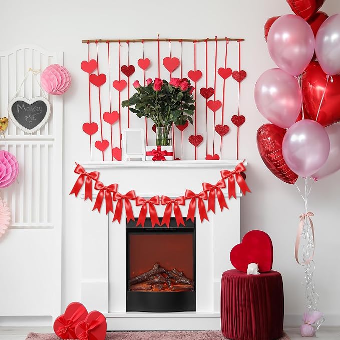1 String of 8PCS Red Bow Garland Banner Decoration, Pre-Strung Satin Ribbon - Image 5