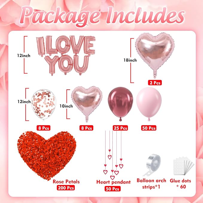 Valentines Day Balloons Garland Arch Kit, Rose Gold Pink Heart I love You - Image 2