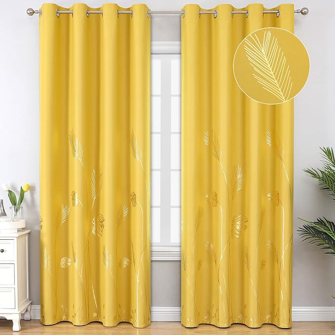 Yellow Blackout Curtains for Bedroom, Room Darkening Gold Palm Tree Pattern by ESTELARTEXTILER