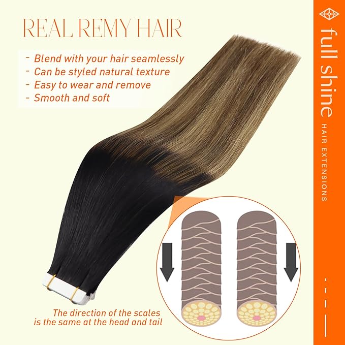 Full Shine Tape in Hair Extensions Human Hair Invisible Tape ins Extensions 12 Inch Skin Weft Tape ins Human Hair Extensions Color 1B Fading to 6 And 27 Blonde Human Hair Extension 20 Pcs 30 Gram