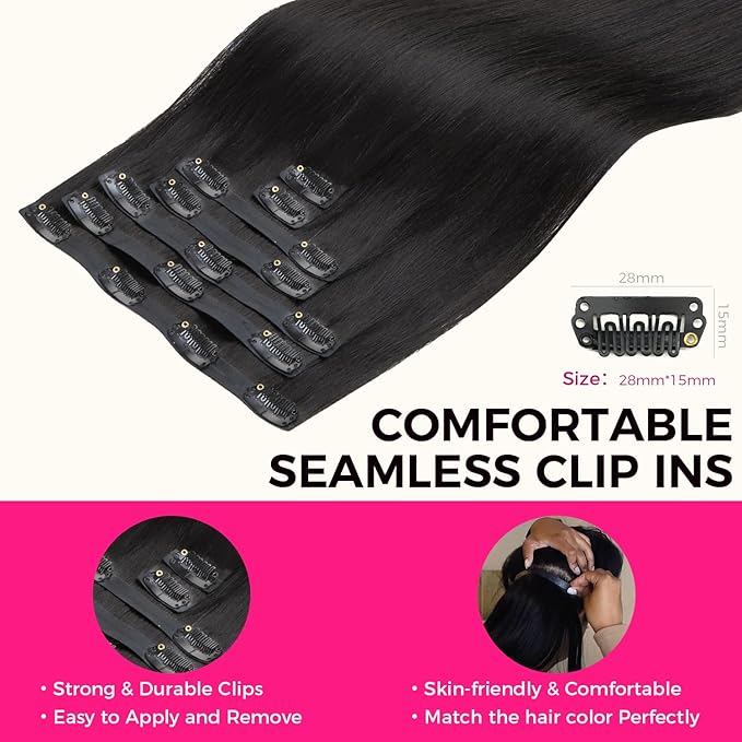 Lashey Seamless Clip in Hair Extensions Human Hair 7pcs 110g Light Yaki Straight Clip ins with PU Weft 22 Inch Natural Black Human Hair Clip in Extensions for Women