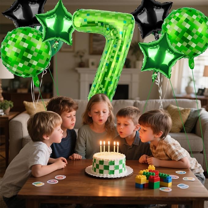 40 Inch Green Pixel Themed Number 7 Balloon Set Foil Balloon - Image 2