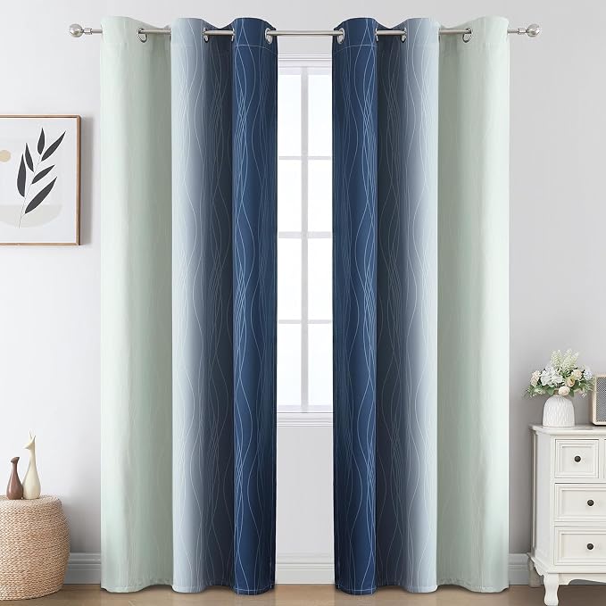 Navy Blue and Sage Green Ombre Blackout Curtains - Image 2