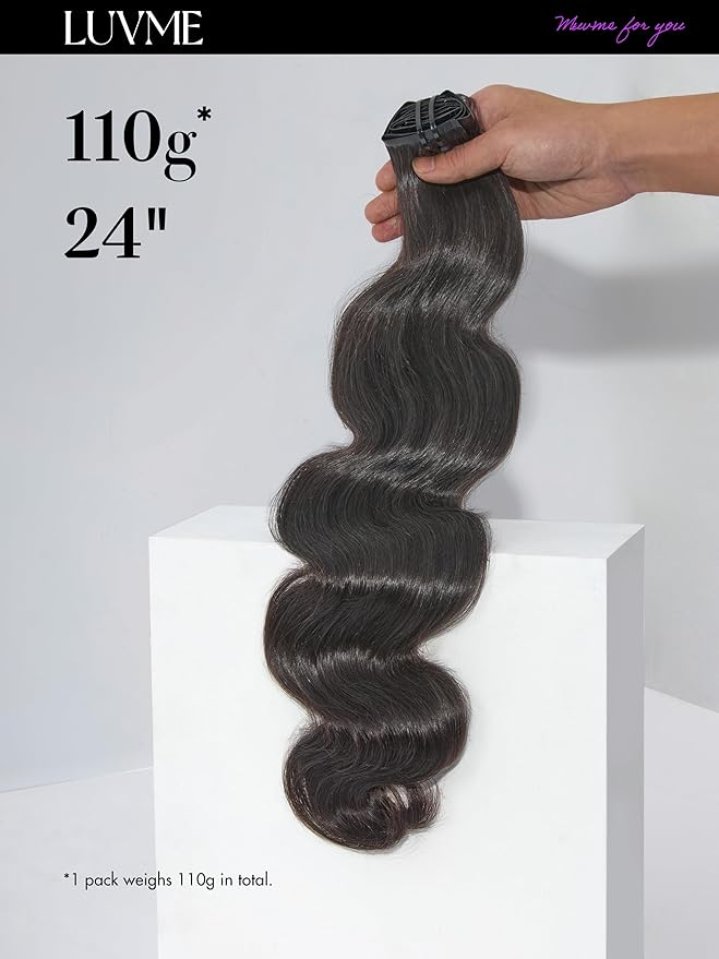 LUVME Body Wave Seamless 110g 7Pcs Clip in Hair Extensions Full Max with 16inch Remy Human Hair Extensions, Natural Black 100% Real Soft Hair