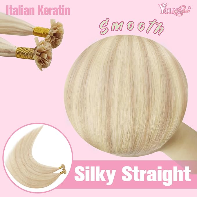 YoungSee K Tip Hair Extensions Highlight 14 Inch K Tips Hair Extensions Human Hair Ash Blonde Highlight Platinum Blonde Remy Keratin Tip Hair Extensions for Women Invisible 50g #18/613