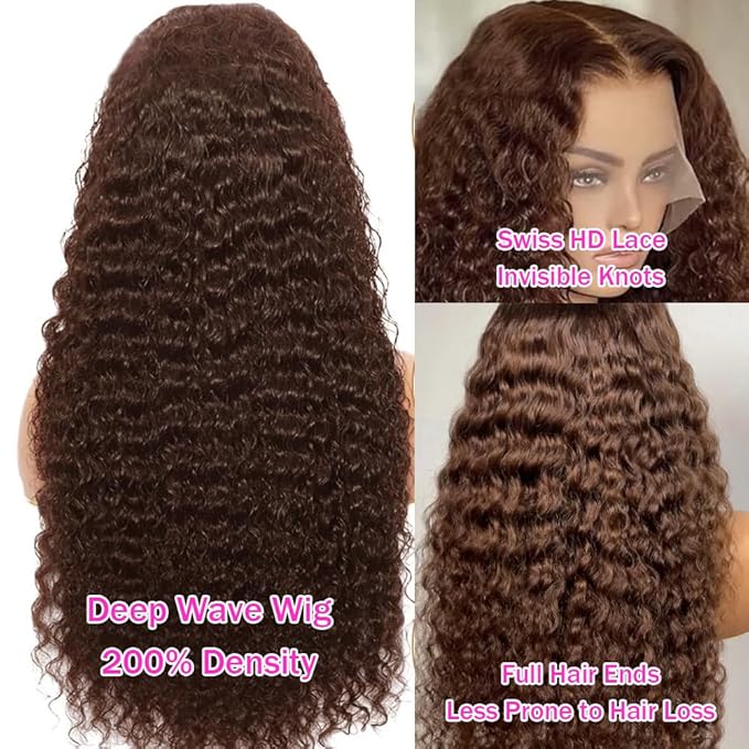 Anderah Chocolate Brown Deep Wave Lace Front Wigs Human Hair 200 Density 13x6 HD Lace Frontal Wigs Curly Human Hair Wig For Women Pre Plucked with Natural Hairline 4# Brown Color (32inch)