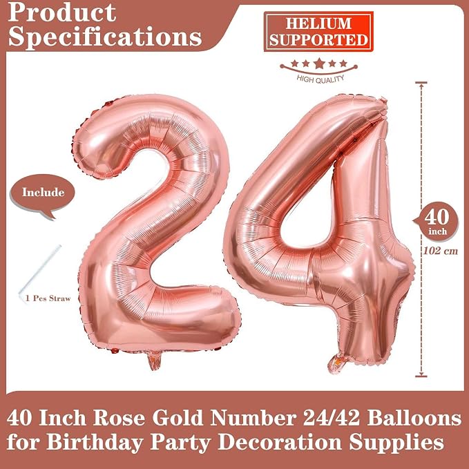 Rose Gold 24 Number Balloons, 40 Inch Giant Number 24 Balloons Foil Mylar - Image 2