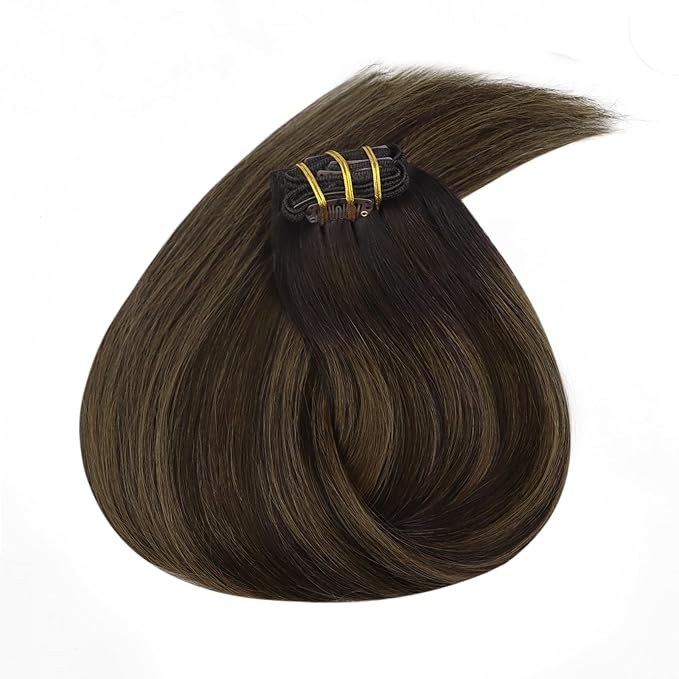 Ve Sunny Clip in Hair Extensions Real Human Hair 24 inch Long Straight Human Hair Clip in Extensions Darkest Brown Ombre Medium Brown Hair Extensions Clip ins 120g 7Pcs