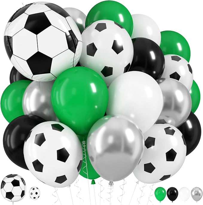 Soccer Balloons, 12 Inch Green Black White Metallic Silver Latex Balloons by HILAVO