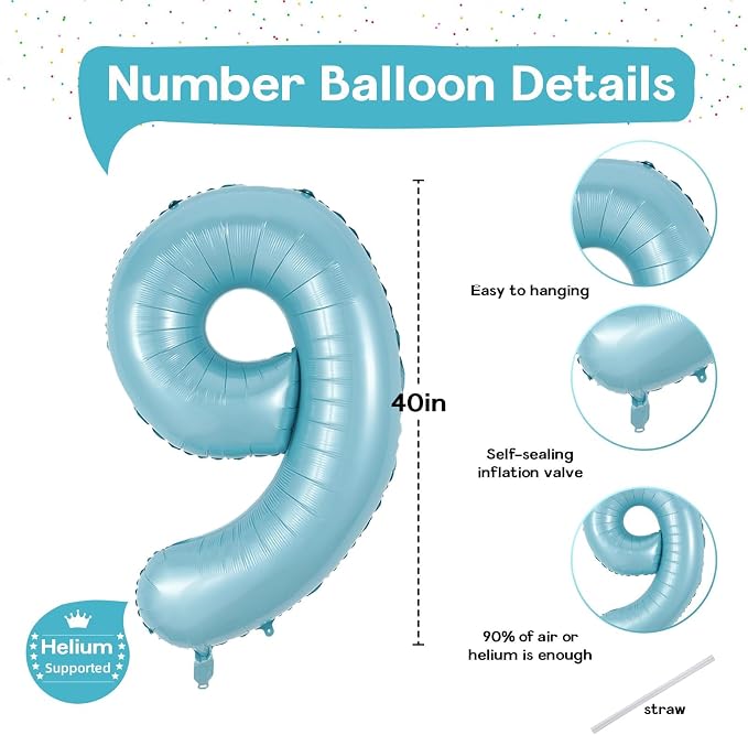 9 Balloons Number, 40 Inch Large Light Blue Mylar Number 9 Balloon, Baby Sky - Image 2