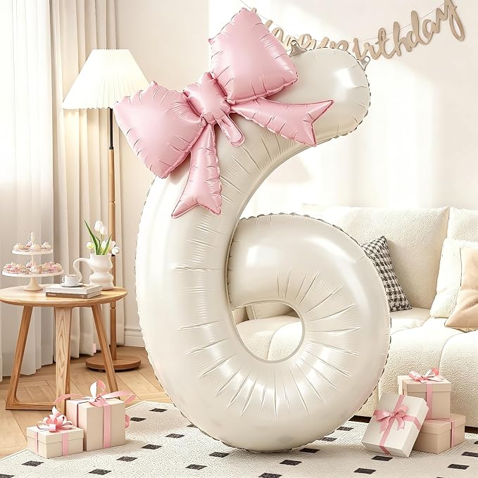 Cream 6 Balloons with Pink Bow Balloons, 40 Inch Giant Self Inflating Beige by KYGNE